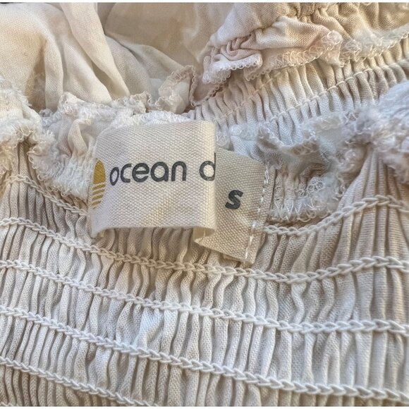 Ocean Drive Mini Dress S Leaf Print Tie Front Tan Cream Pink Tiered Size Small - Picture 8 of 9